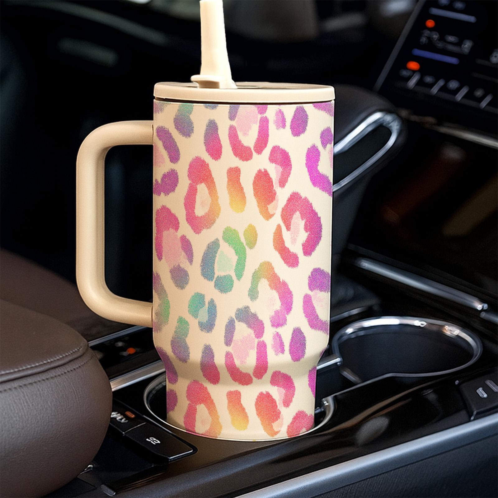 1 Pc Rainbow Leopard Print thermal mug, Vacuum insulated tumbler,40oz with handle, double wall vacuum insulated stainless, leak proof lid, keeps hot 12h cold 24h, for iced coffee tea water, sweat free grip, travel office daily, gift for women men