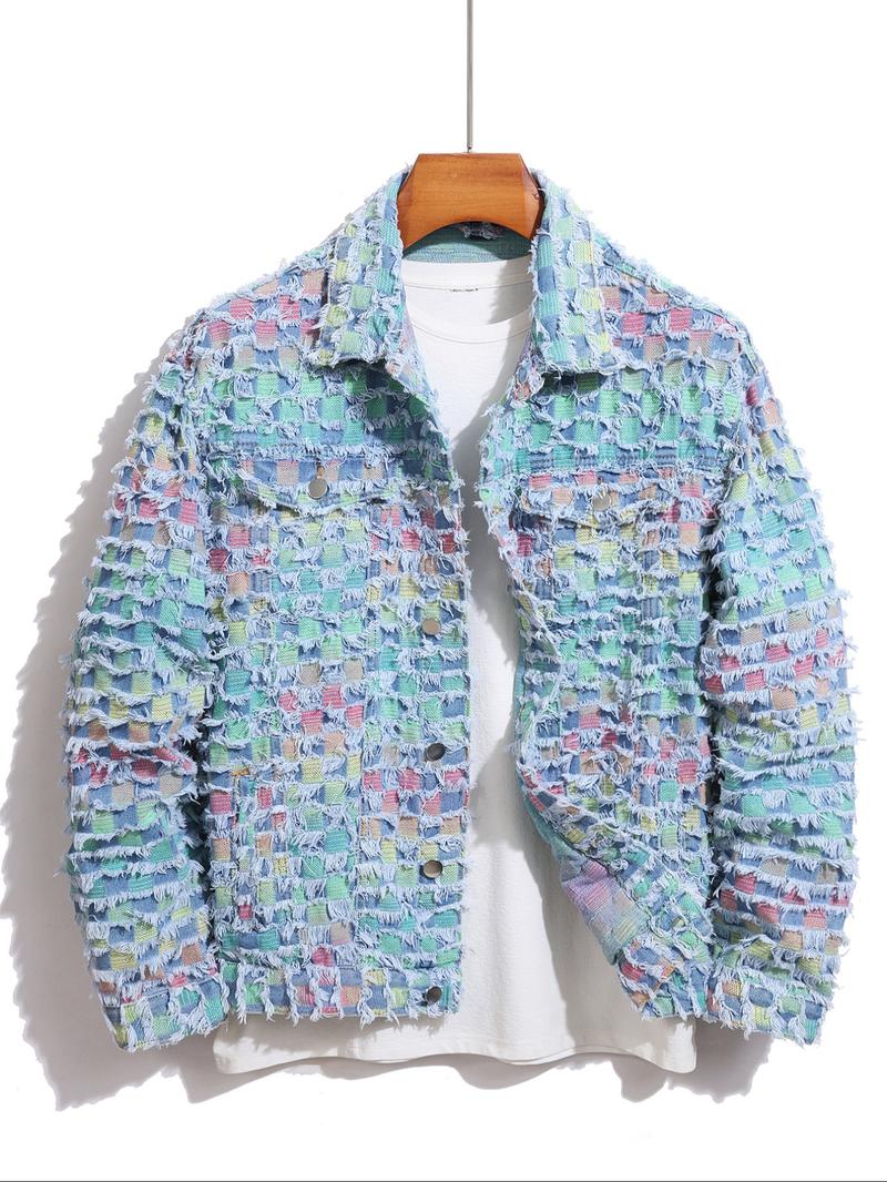 Men's Raw Trim Button Pocket Denim Jacket, Loose Street Long Sleeve Collared Outerwear for Daily Wear, Fashion Men's Clothes, Casual Fashion Jacket for All Seasons