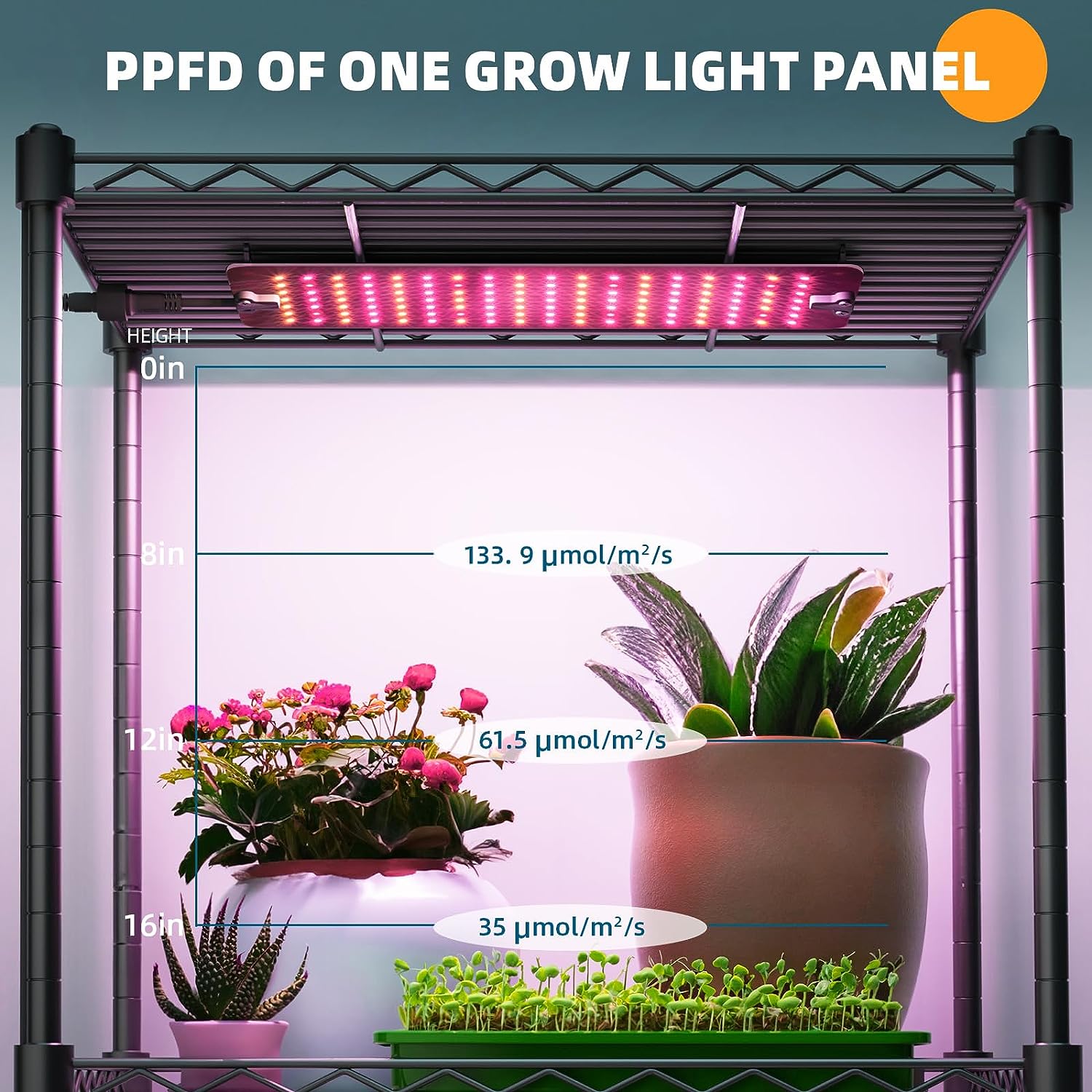 Barrina Plant Stand with Grow Lights, 6-Tier Plant Shelf with 5-Pack 50W Full Spectrum Ultra-Thin Grow Light Panel, Auto Timer, 15.7x11.8x70.9IN