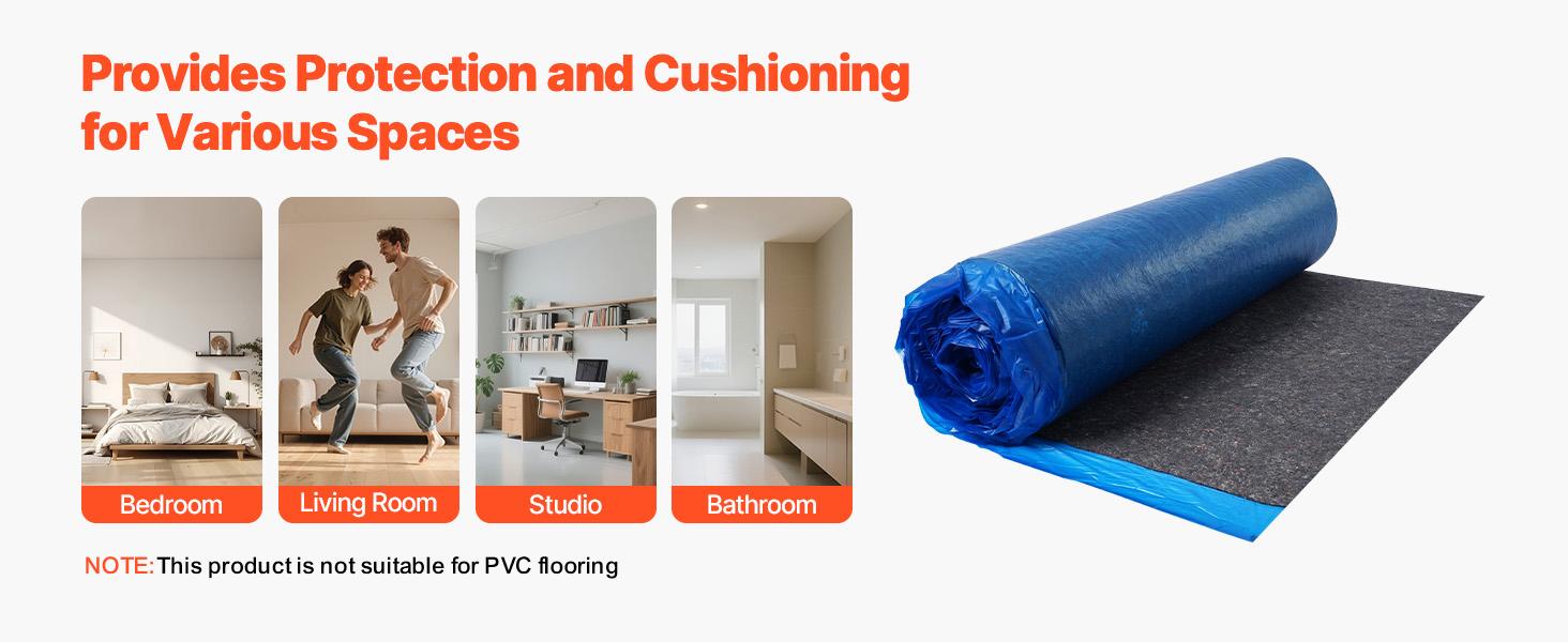 VEVOR Floor Underlayment 200 sq. ft/Roll, 3 mm Thick Laminate Flooring Padding with Attached Vapor Barrier, Heavy Duty Fiber+ PE Film, Soundproofing Noise Reduction, Ideal for Laminate Wood Floors