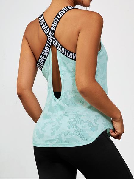 Sporty Women's Camo Print Letter Tape Sports Vest, Sport Criss Cross Cut Out Tank Top, Sporty Cami Top, Ladies Sportswear for Summer