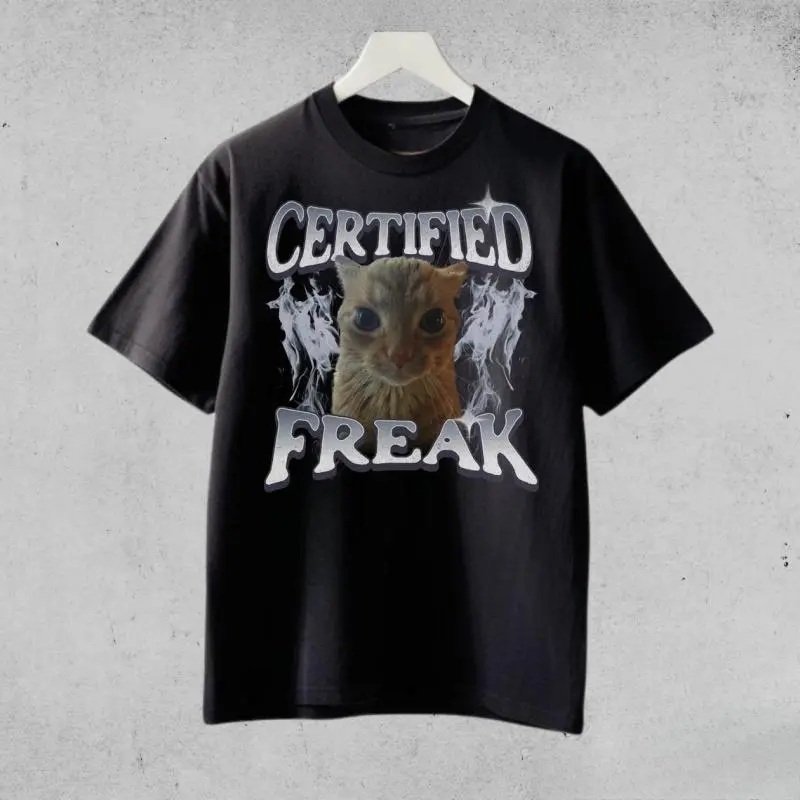 Certified Freak Funny Cat Meme T-Shirt, Vintage Kitty Graphic Tee, Retro Washed Cat Lover Shirt, Funny Pet Humor Gift, Unisex 90s Cat Top