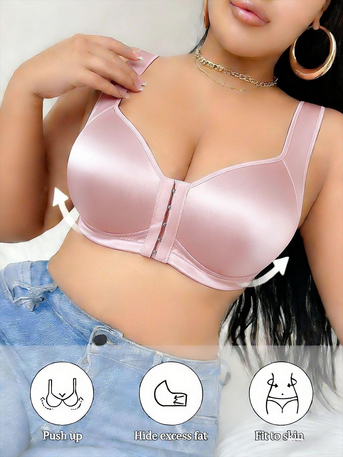 Women's Front Snap Closure Sports Bra, No Underwire Gathered Lift Anti-Sag Plus Size Bras, Smooth Fabric Comfortable Support