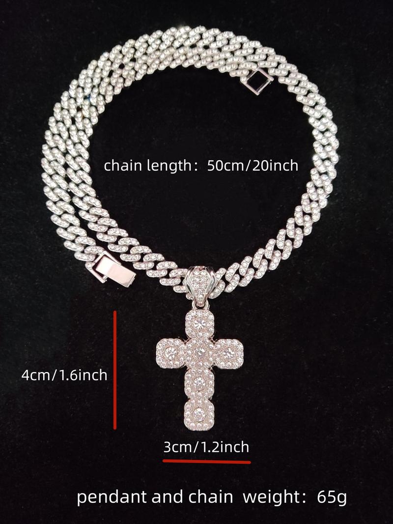 Hip Hop Artificial Diamond Cross Pendant Necklace As Gift, Rhinestone Cuban Chain Link Necklace for Men Women, Streetwear Matching Chunky Rhinestone Decorated Jewelry for Daily, Stylish Accessory, Unique Gifts for Women, Cuban Link Design, Cuban Necklaces
