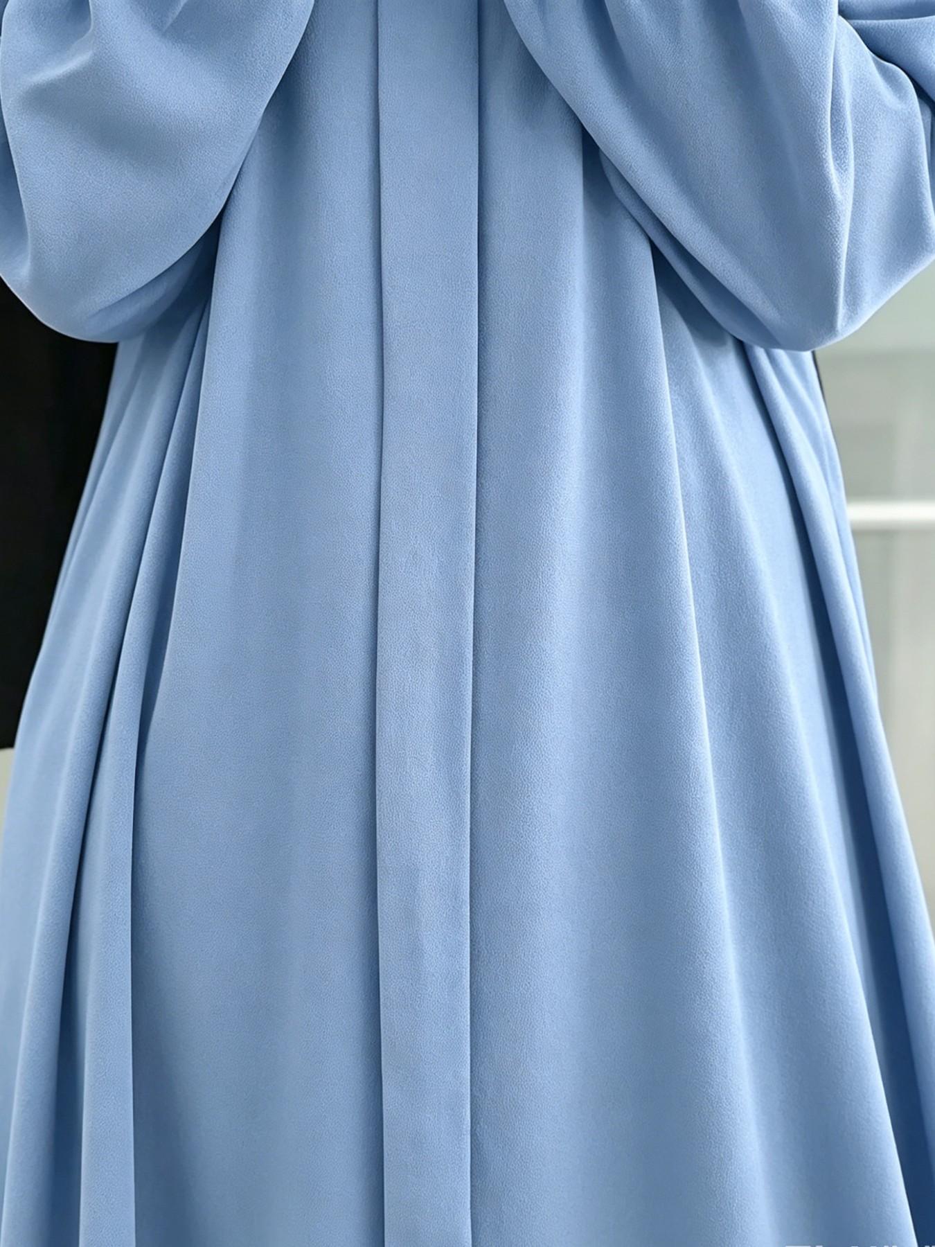 Pastel Blue Mandarin Collar Maxi Dress, Loose-Fit Hijabi Style, Wraparound Design, Gathering Detailing, All-Season Wear, Modest Muslim Clothing, Islamic Clothes, For Muslim