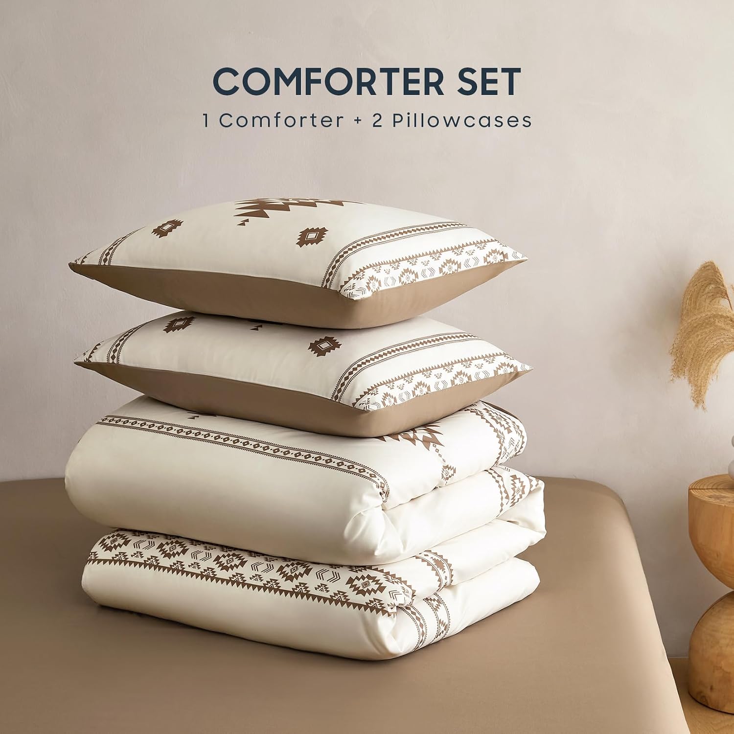 -  Comforter Set, Boho Southwestern  Style with Aztec  Geometric , Soft Lightweight Beddg, 3 count, Beige Brown,  Size
