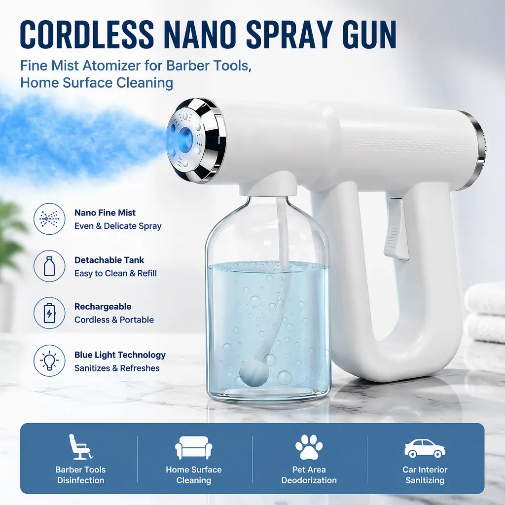 Barber Tools Nano Spray Gun, Cordless Rechargeable Fine Mist Atomizer with Detachable Tank, Handheld Blue Light Sprayer for Home Surface Use