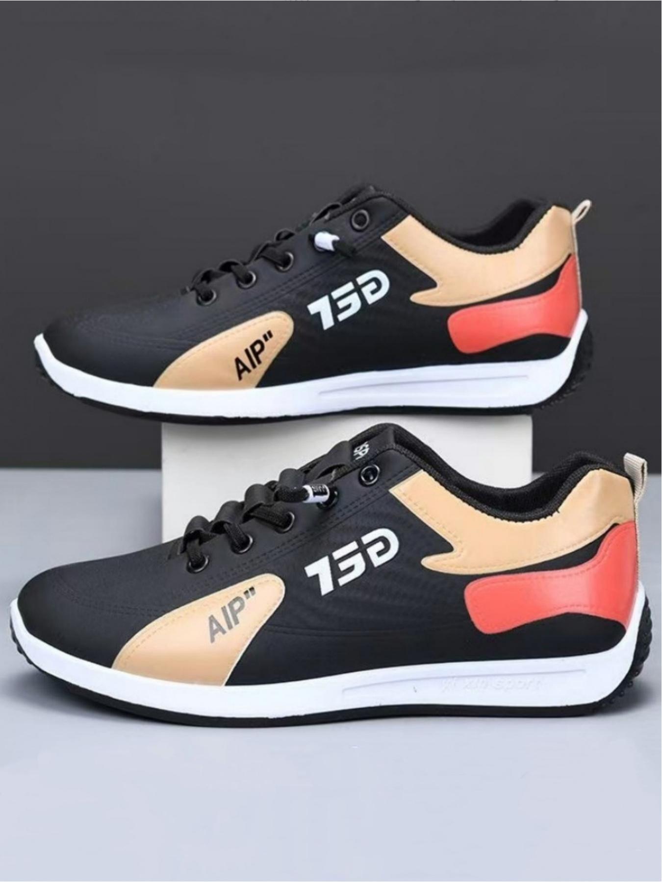 Men's casual sports shoes, simple splicing design for breathability and comfort, contrasting tongue and eye-catching letter logo for fashionable embellishment, ideal for light commuting and sports wear