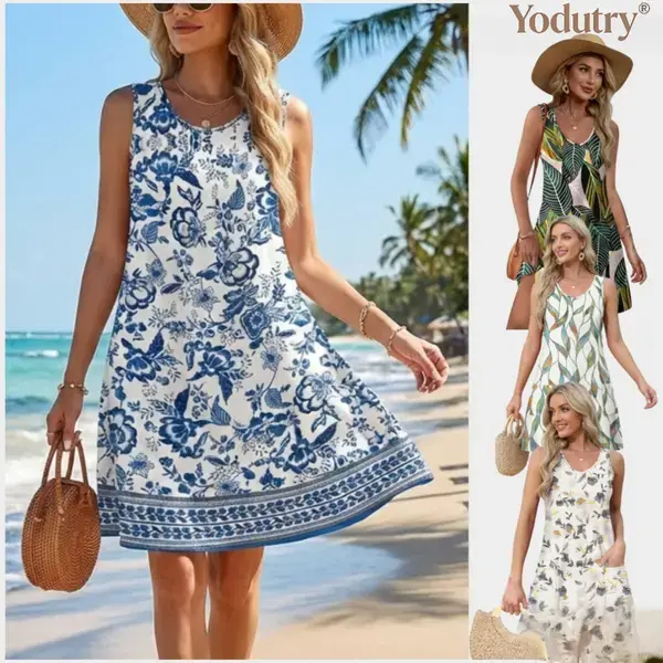 CHDEXIN Women’s Loose-Fit V-Neck Sleeveless Tank Dress with Pockets - Casual Sports Beach Sundress for Beach Daily Wear