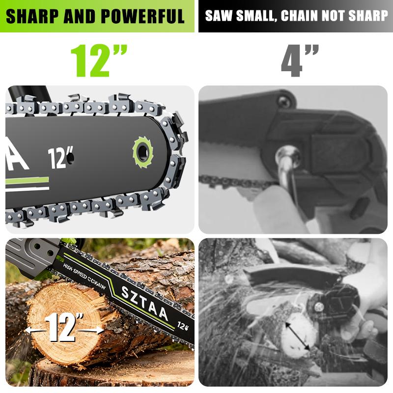 12-inch cordless electric chain saw, equipped with 2 batteries, is a portable handheld small woodworking chain saw that can be used for pruning, gardening and camping - suitable for middle-aged people and men - and is an excellent gift for festivals.
