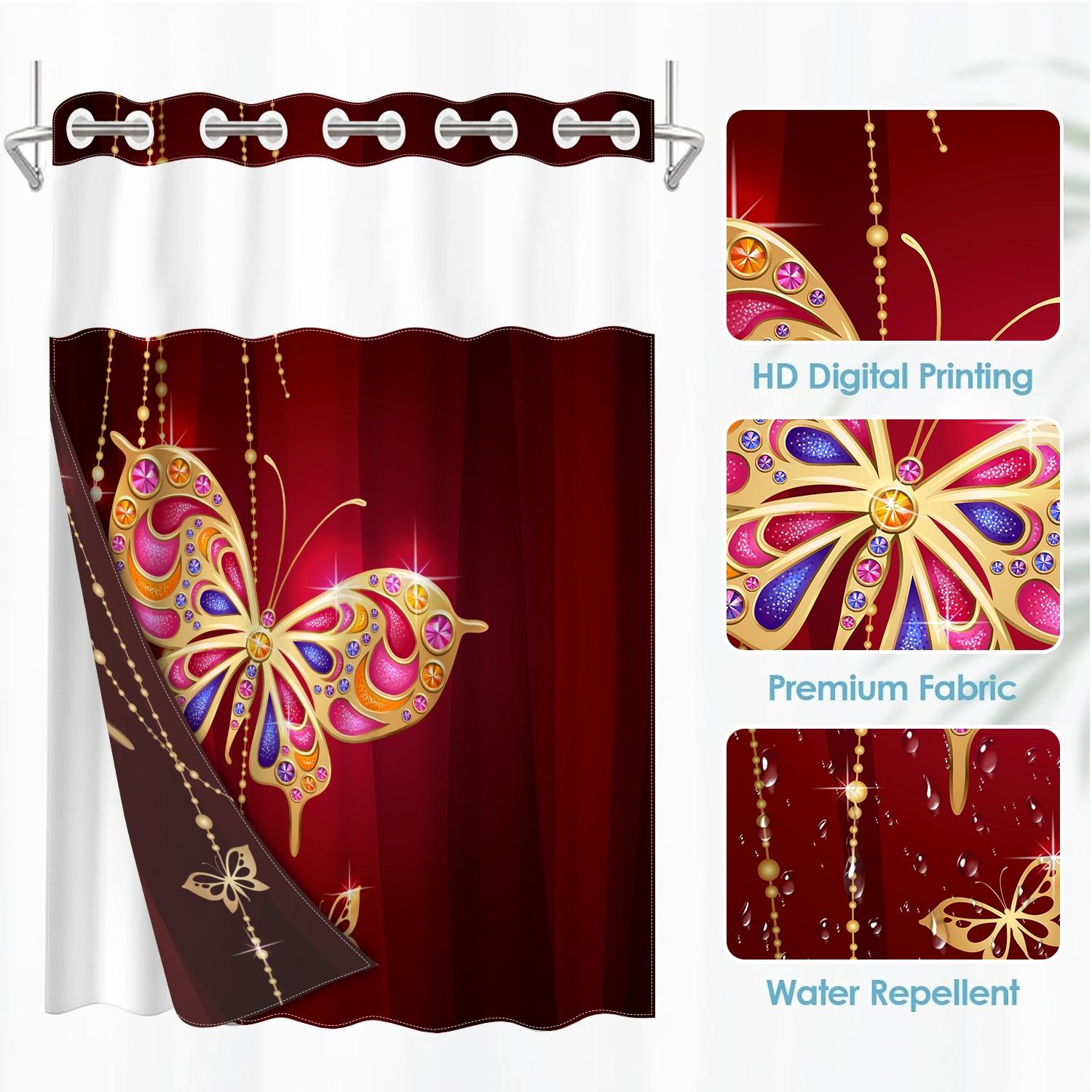1PC double-layer large ring shower curtain, gold inlaid diamond butterfly pattern, shower curtain, high-end quick drying hanging curtain, bathroom, curtain, waterproof, mildew proof curtain