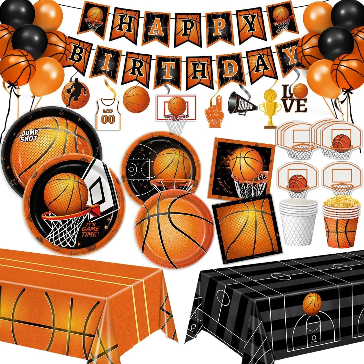 155 Pcs Basketball Party Supplies Set - Plates, Napkins, Cups, Banner, Hanging Swirls, Balloons, Tablecloth, Basket Card for Basketball Birthday Decorations, Serves 24Gift