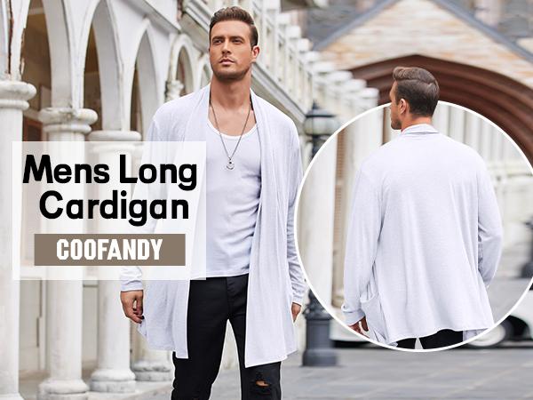 COOFANDY Men's Ruffle Shawl Collar Cardigan Open Front Lightweight Long Length Drape Cape Overcoat with Pockets