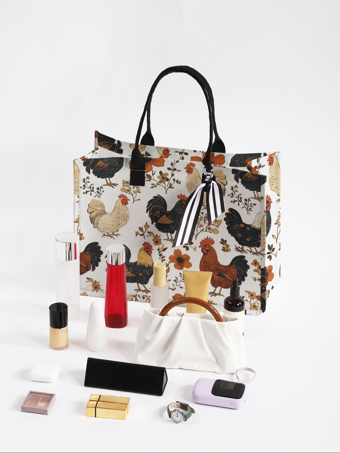 Large Capacity Rooster Print Storage Bag, Durable Handle, Space Saving Multi-Purpose, Ideal for School, Travel, Shopping, Reusable Grocery Bags