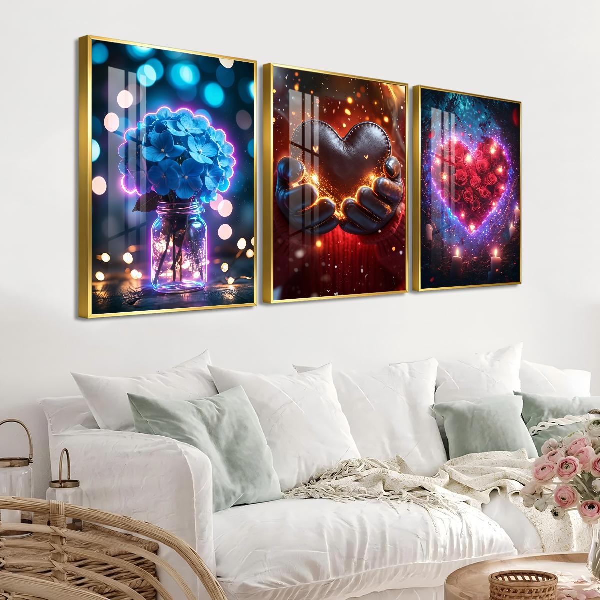 3 Counts Aluminum Alloy Framed Painting, Romantic Roses Hearts And Flowers Pictures, Home Decoration For Living Room, Bedroom, Office, Restaurant, Hallway Wall Decor, Odorless Print Artwork, Luxury Perfect Gift For Friends And Family