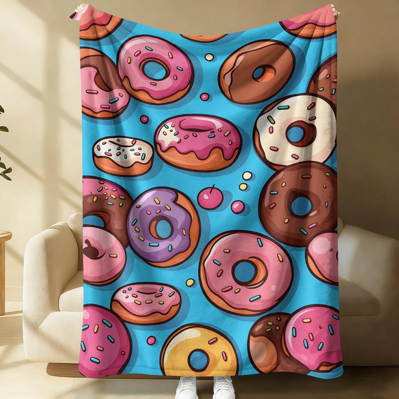 Colorful Donut Print Flannel Throw Blanket, Soft Warm Cozy Fleece Blanket for Couch Bed Sofa, Cute Cartoon Doughnut Decorative Blanket, All Season Plush Blanket, Perfect Gift Blanket for Home Decor, Travel, Nap, All Ages