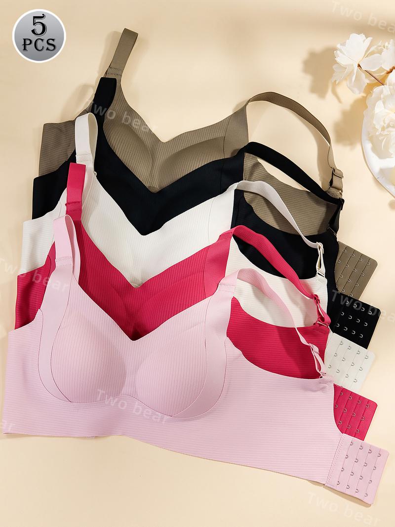 [7/5/4/3Pcs]Women's Solid Four-breastedAdjustable Wireless Bra,Curvy SoftComfortable BreathableRibbed PushUp Seamless Bra,Women's Lingerie forAll Seasons,Womenswear