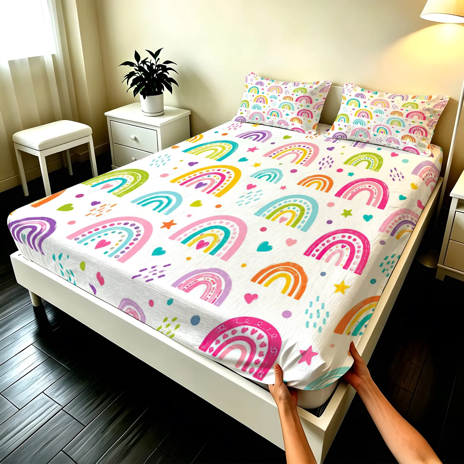 3pcs Fitted sheet Rainbow Printed Ultra Soft Microfiber Bedding Set, Wrinkle Resistant Fade Proof Breathable Machine Washable Comfortable Bed Set with 2 Pillow Shams for Bedroom Home Twin Full Queen King Size