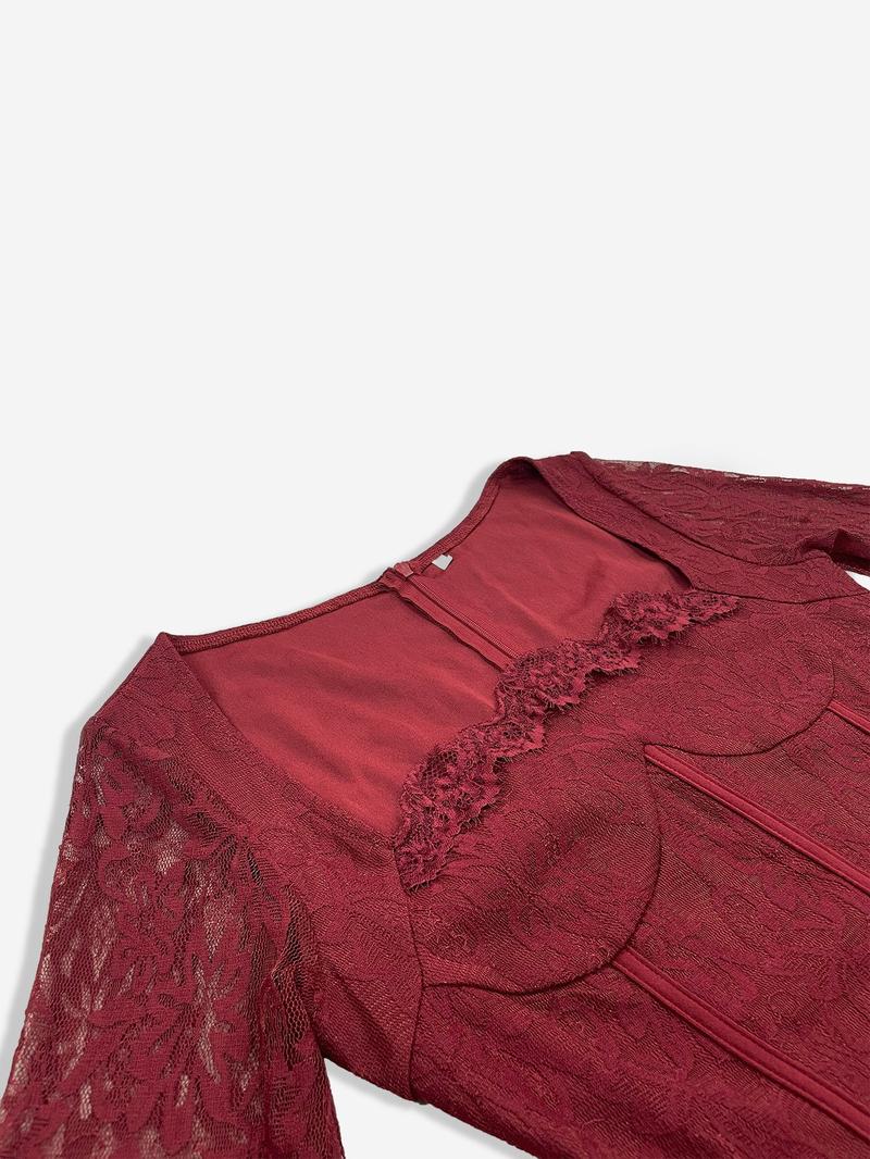 Sexy Lace Dress in Burgundy with Back Slit – Breathable, Double-Layered for Comfort and Style