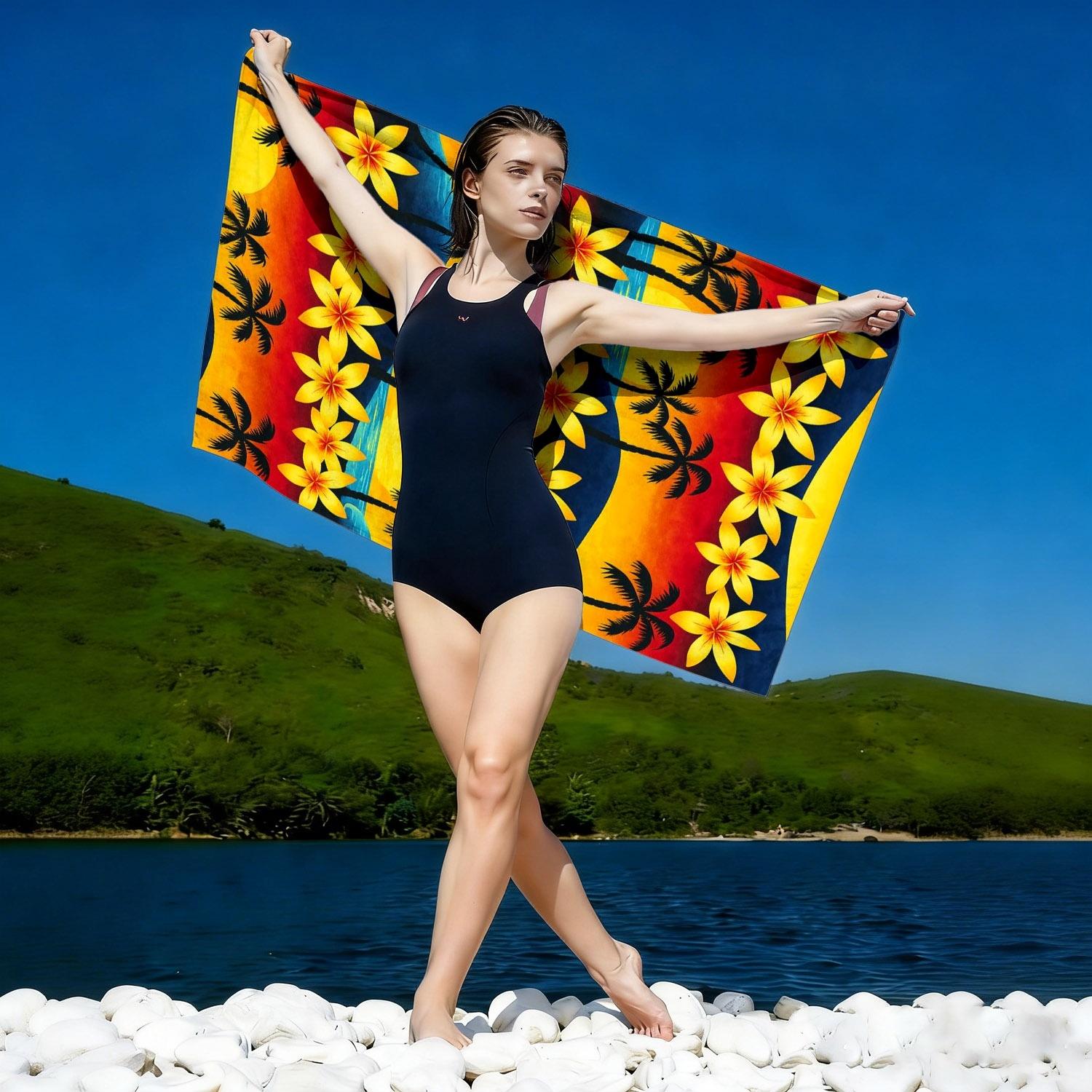 1pcs Tropical Large Soft Beach Towel | Palm Tree and Plumeria Print, Microfiber, Quick-Dry, Super Absorbent, Ideal for Beach Vacations, Pool Parties, Outdoor Picnics, Perfect Gift for Friends and Summer Festivals