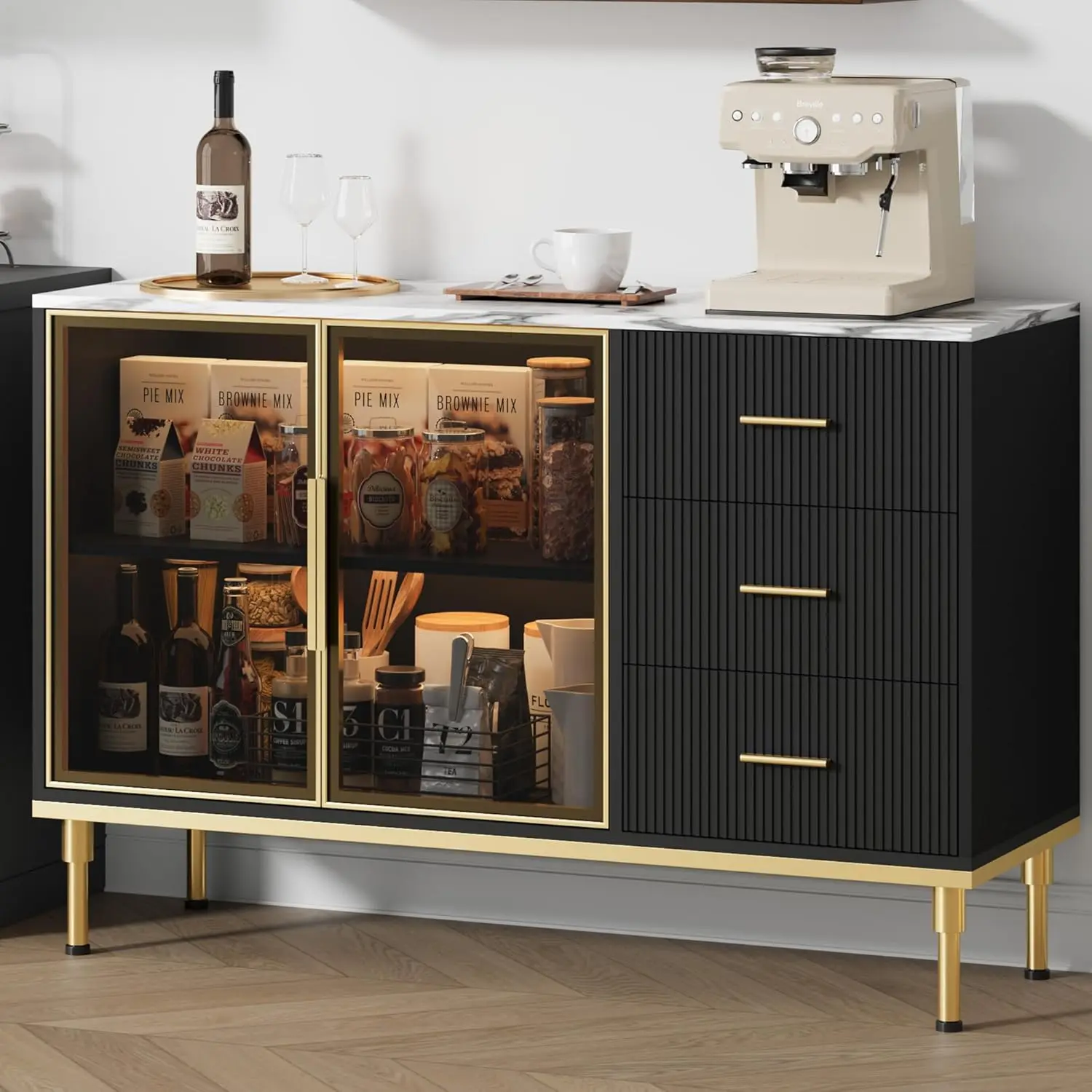 GARVEE Indoor Black Fluted Lines Vertical Grooves 2-Door Glass Sideboard Buffet Cabinet with Marble Top, 3 Drawers, Durable Easy-to-Clean Storage Furniture for Dining Room, Living Room, Ideal for Organization