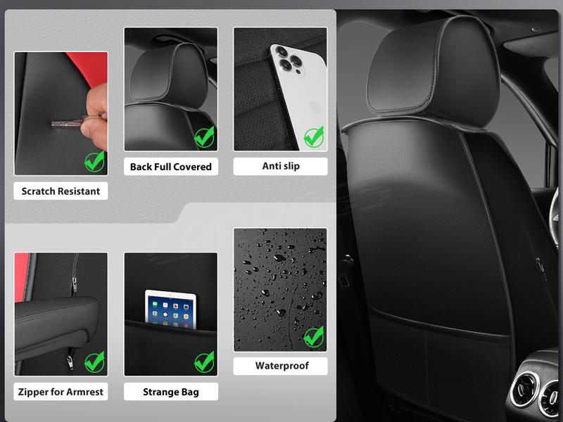 CAR PASS Leather Car Seat Cover Front Seat, Luxury Seat Protector for Cars, Waterproof Anti-Slip Seat Cushion Armrest Compatible Airbag Universal for Sedan SUV Pick-up Truck Auto, Black&Red 1 Count