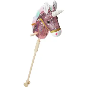 Sequin Unicorn Stick Horse Handcrafted Hobby Horse on a Stick with Wood Wheels Real Pony Neighing and Galloping Sounds Plush Unicorn Toy Pink 36 Inches(AA Batteries Required)