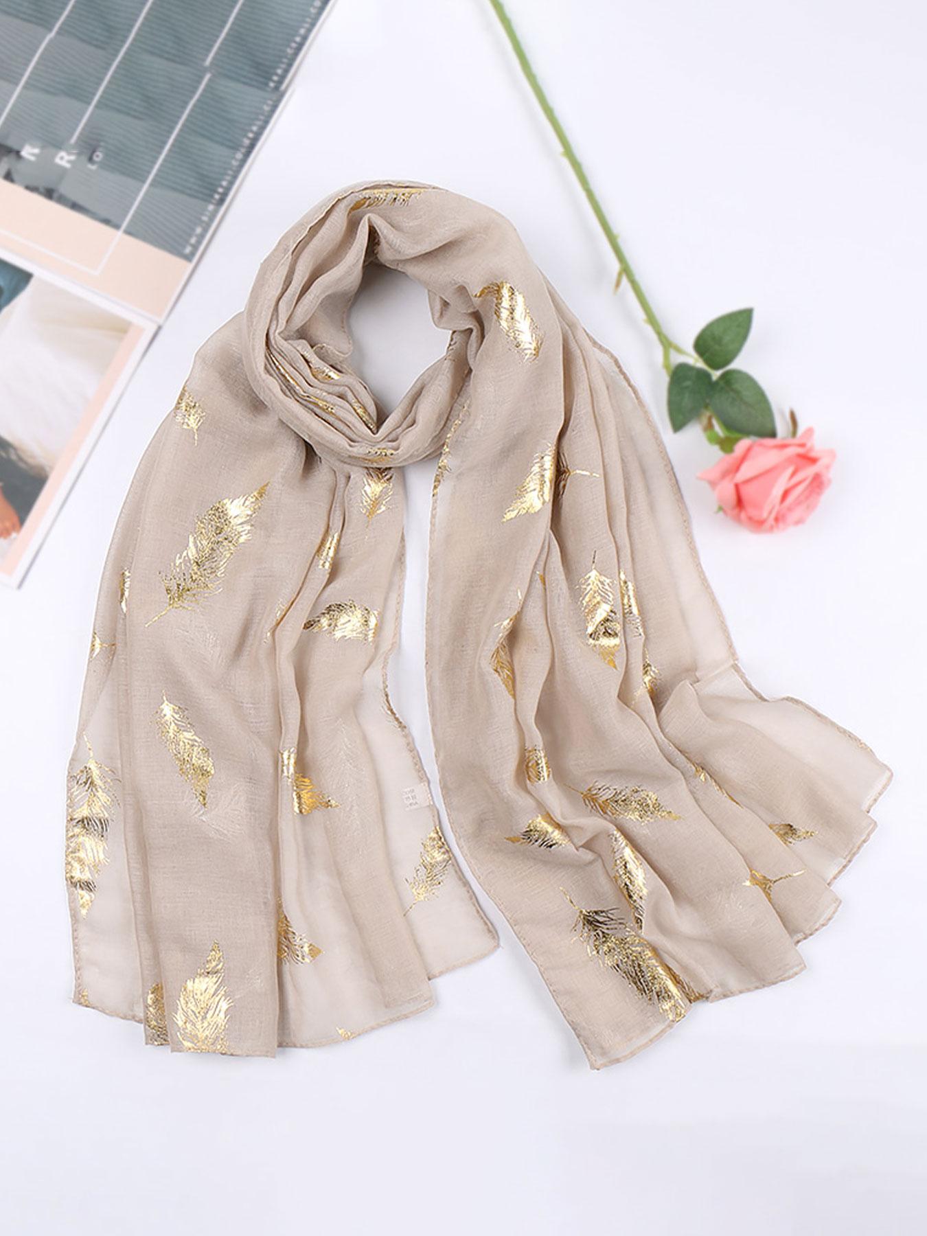 Ladies' Elegant Scarf with Feather Pattern, Lightweight Polyester Fabric for Fashion Accessories, Perfect for Stylish Hijab
