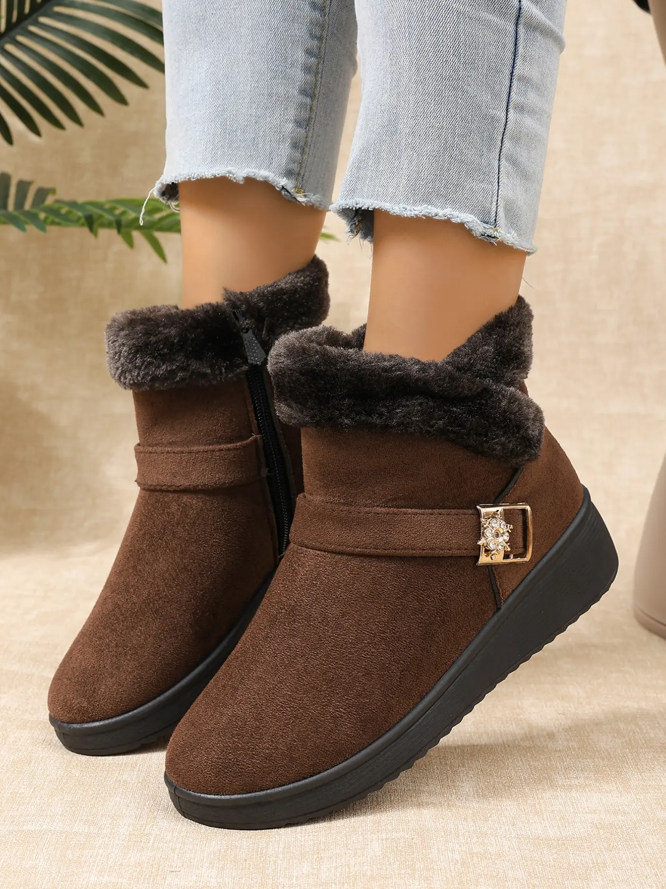 New Winter Retro Chunky Heel Short Snow Boots, Faux Fur Lining, Rhinestone Buckle, Side Zipper, Casual Comfortable Outerwear