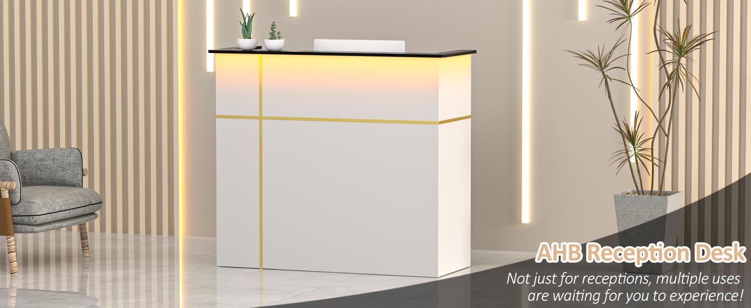 AHB Reception Desk with Counter, Modern Front Table Equipped Lockers & Storage Shelves, 50-inch Checkout Counter with LED Lights & DIY Stripe for Lobbies, Salons, Retail, Home Offices, Reception Room