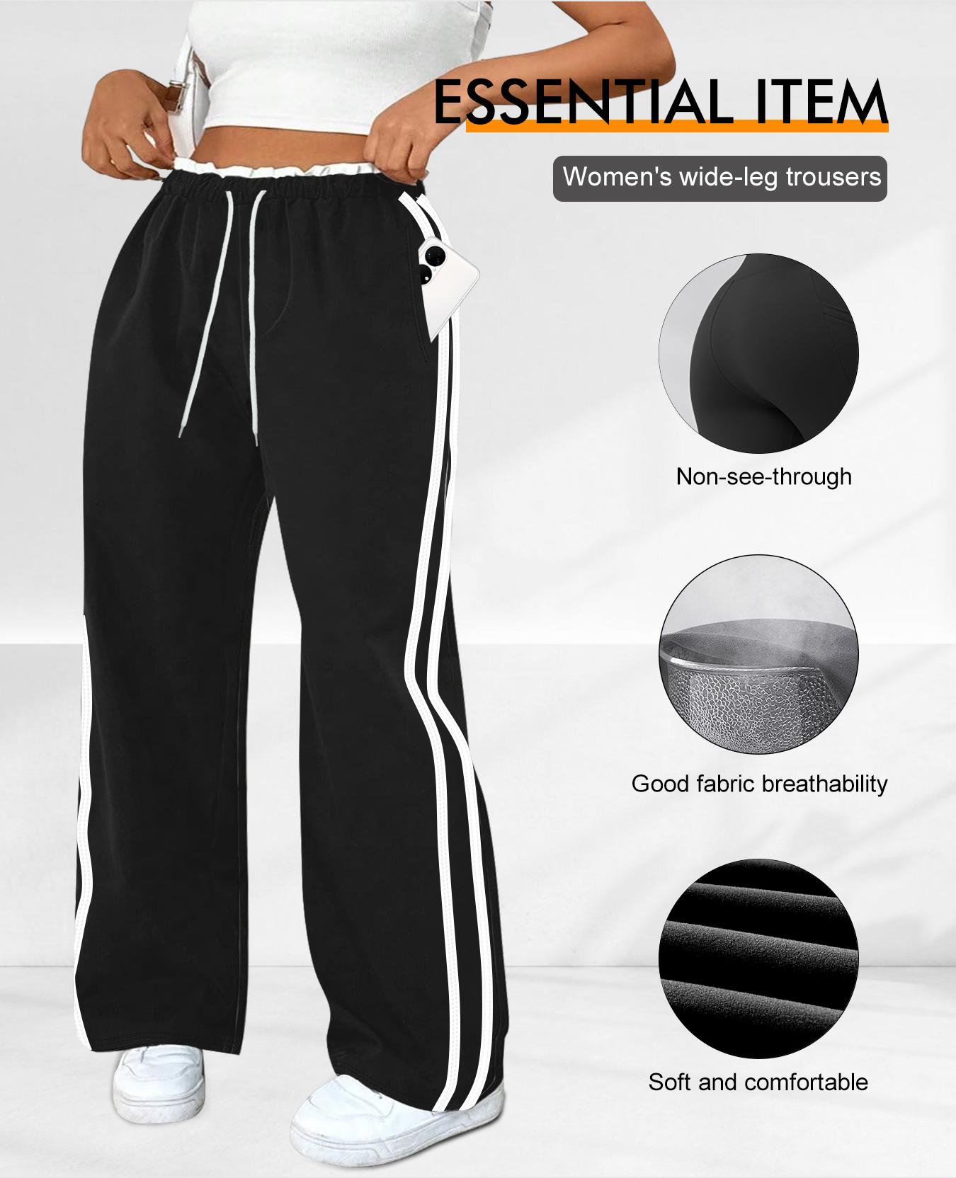 Plus Size Women's Wide Leg Pants with Drawstring Elastic Waist, Lace Waist Design, Side Stripes and Pockets for Versatile Wear, Athleisure Style Pants