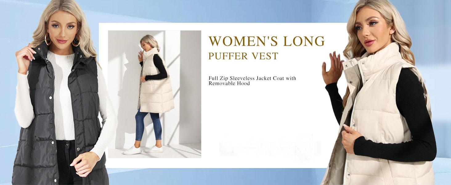 Molitree Women's Long Puffer Vest Cotton Sleeveless Puffy Jacket with Removable Hood - Casual Mid-Length Quilted Gilet with Side Pockets & Full Zip