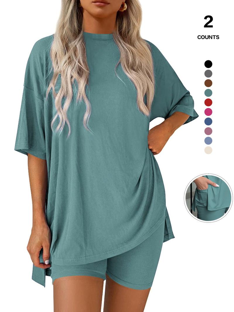 Cozy Mama Lounge Set, Women's 2-Piece, Crew Neck Oversized T-Shirts, Comfortable Home Wear, Perfect for Relaxing at Home