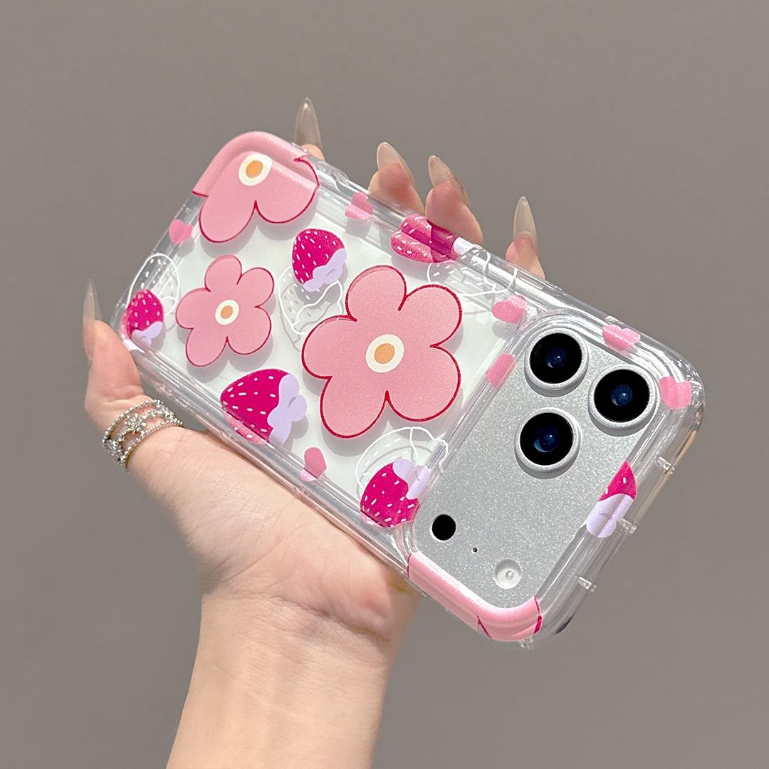 Fashion Strawberry Floral Design Transparent Air Cushion Anti-Drop Protective Phone Case, Compatible with iPhone 17/16/15/14/13 Series