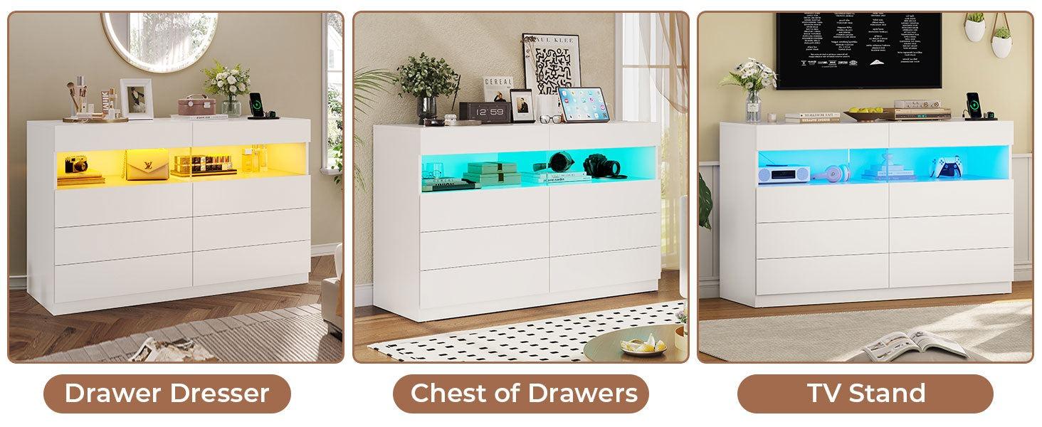 Sikaic Dresser for Bedroom with LED Lights Charging Station Modern Double Wide Drawer Organizer Cabinet Furniture Organization Amplified Storage Space Sikaic Dresser for Bedroom with LED Lights Charging Station Modern Double Wide Drawer Organizer Cabinet Furniture Organization Amplified Storage Space