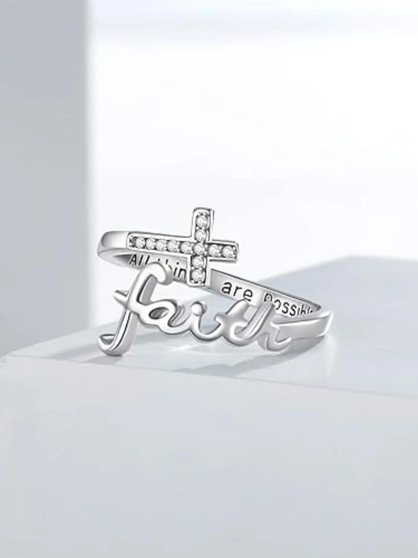 S925 Sterling Silver Cross & Letter Design Cuff Ring, Adjustable Open Ring for Women & Men, Fashion Jewelry Accessories for Daily Wear, with Box, Engraved Ring