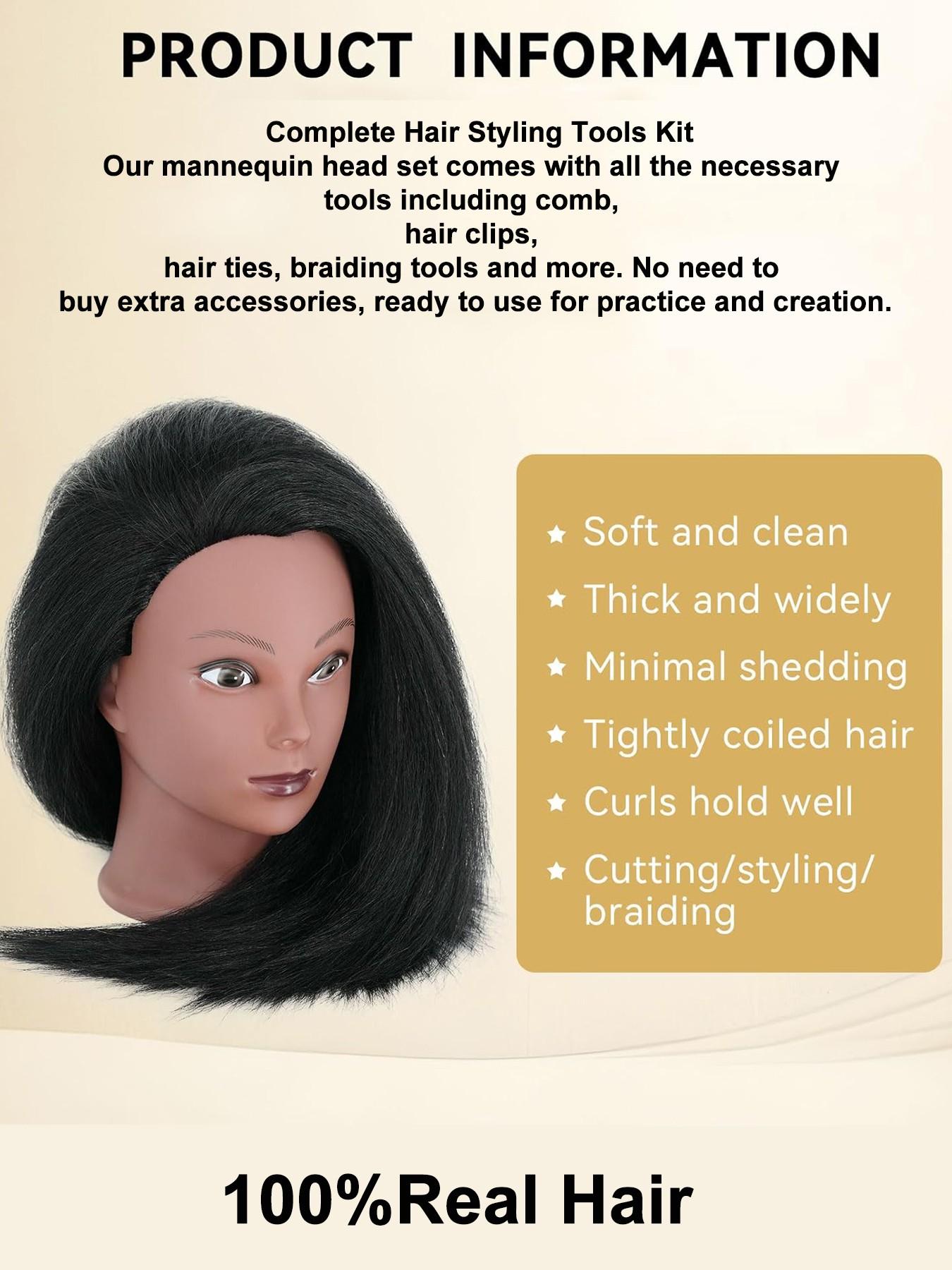 16 Inch 100% Real Hair Mannequin Head, Training Head Manikin for Cosmetology, Hairdresser Practice, Braiding & Styling with Clamp Stand