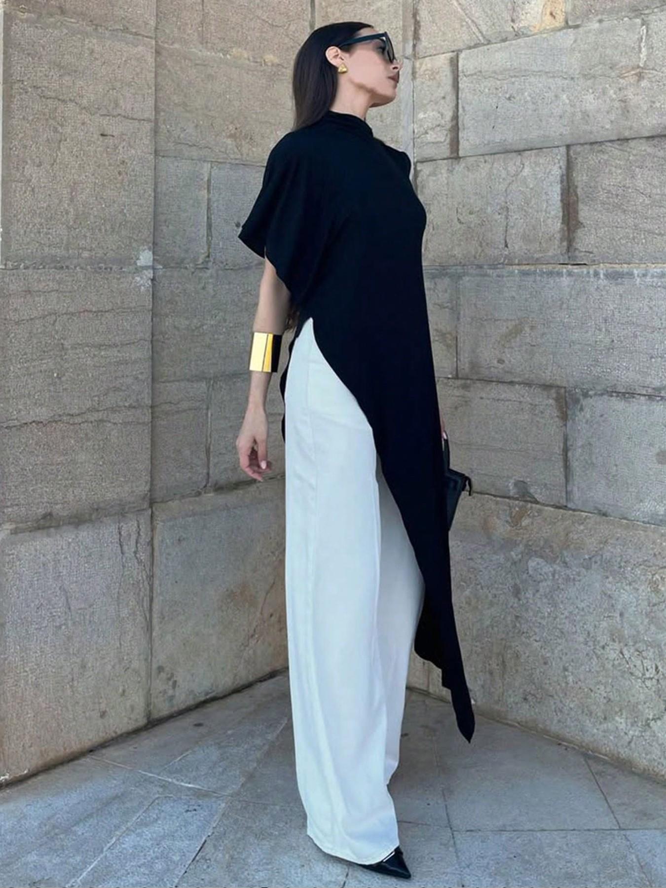 Women's Summer Minimalist High Street Half-Neck Asymmetric Sleeve Long Coat, Irregular High Split Hem, Comfortable Fabric, Versatile