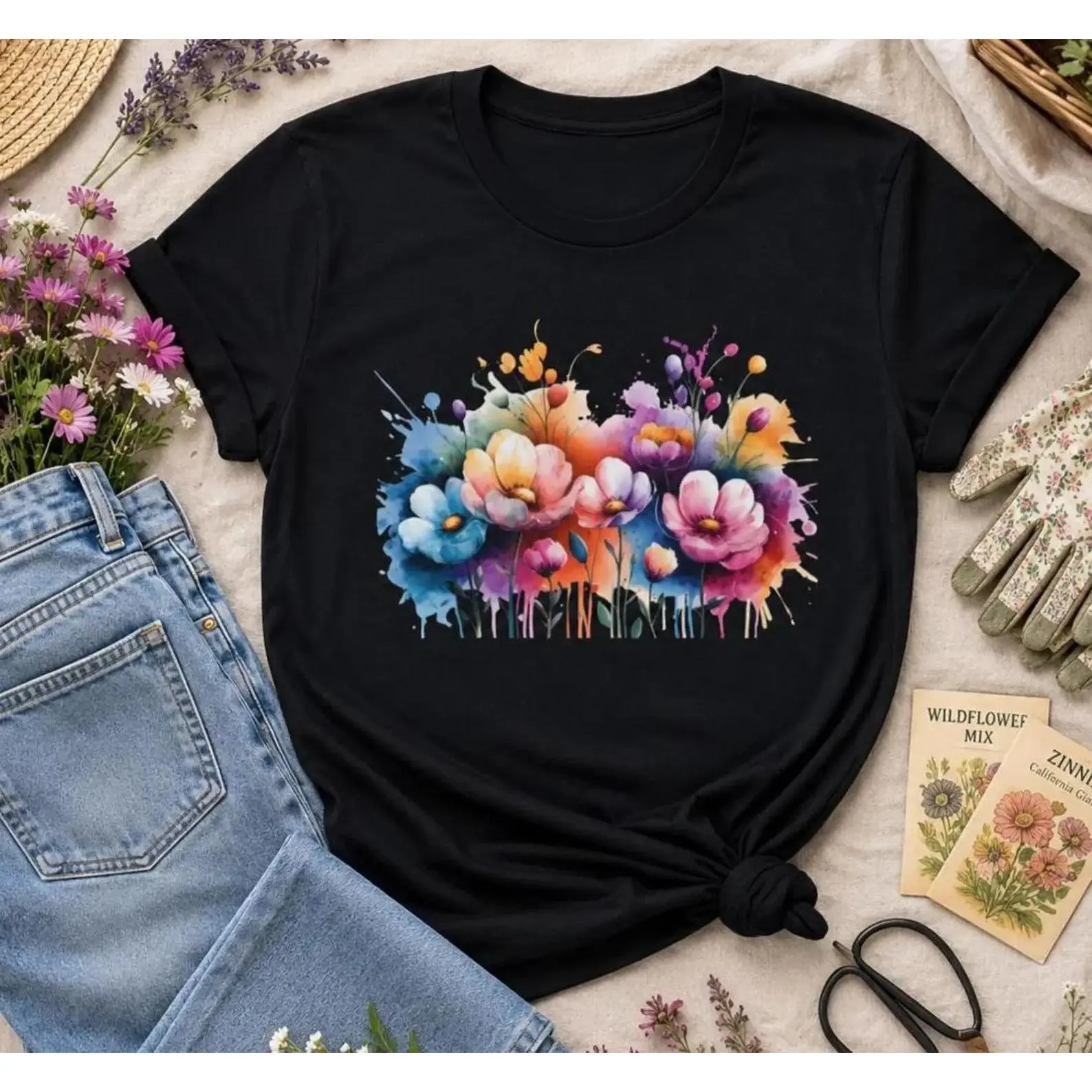 Watercolor Floral Shirt, Botanical Flower Tee, Colorful Wildflower T-Shirt, Cottagecore Floral Top