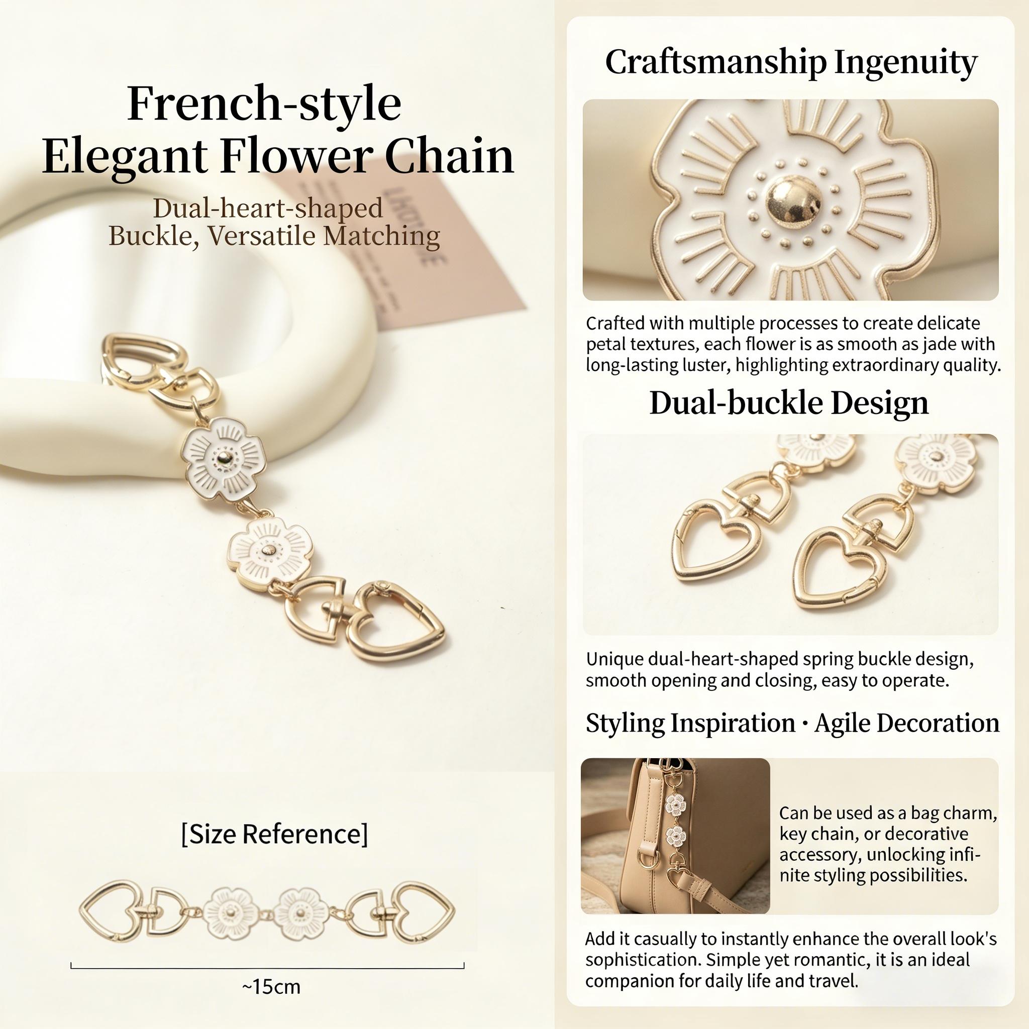 French Elegant Flower Bag Chain Extender, Luxury Heart Clasp Handbag Charm, Aesthetic Vintage Flower Keychain Accessory, Perfect Birthday Christmas Valentine's Day Gift for Women Girls, Trendy Bag Decor for Tote Backpack