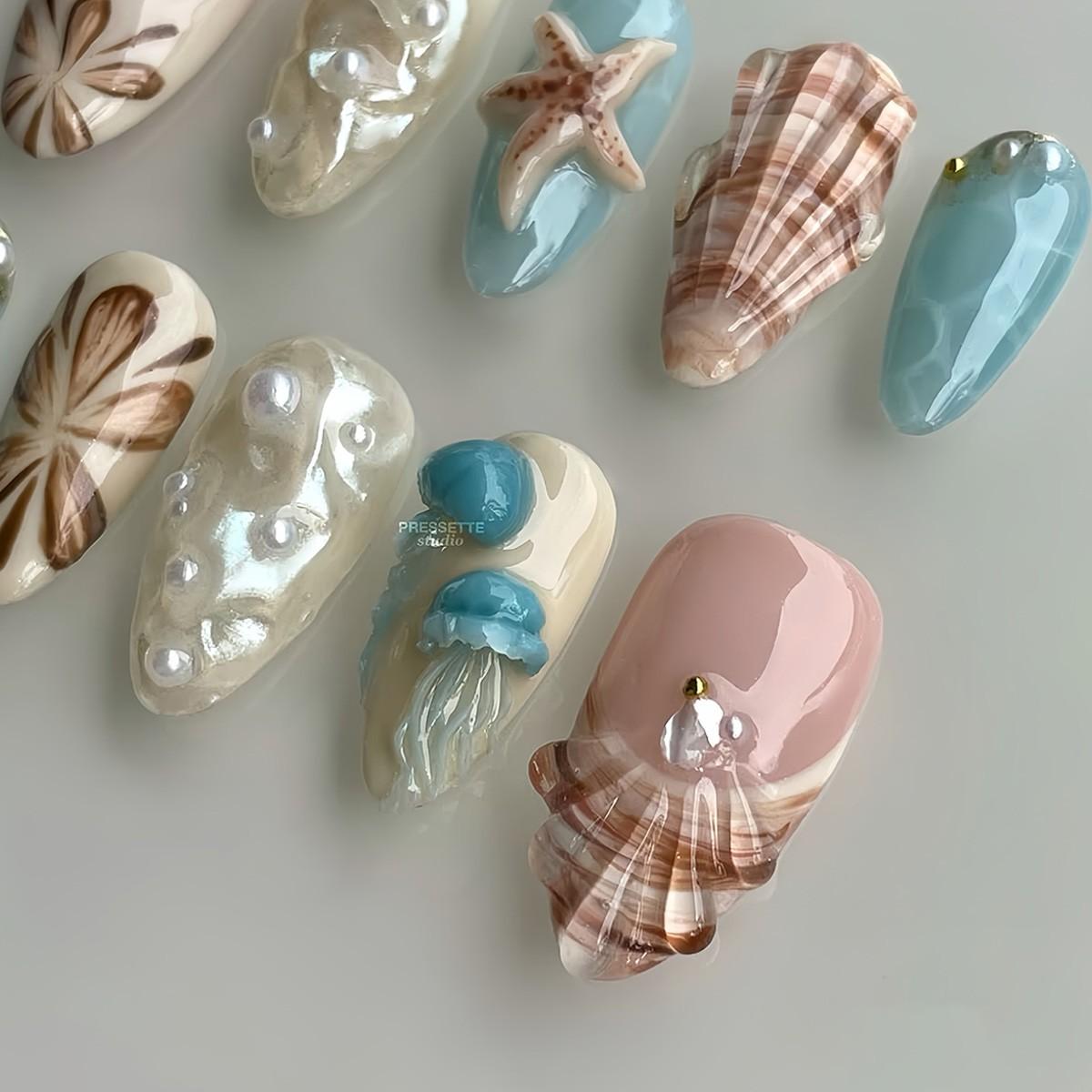 10 Pcs 3D Ocean Shell Starfish Almond Nails, Blue Wave Pattern with Natural Pearl Accents, Glossy Fake Nails for All Women, Party, Vacation, Daily Wear
