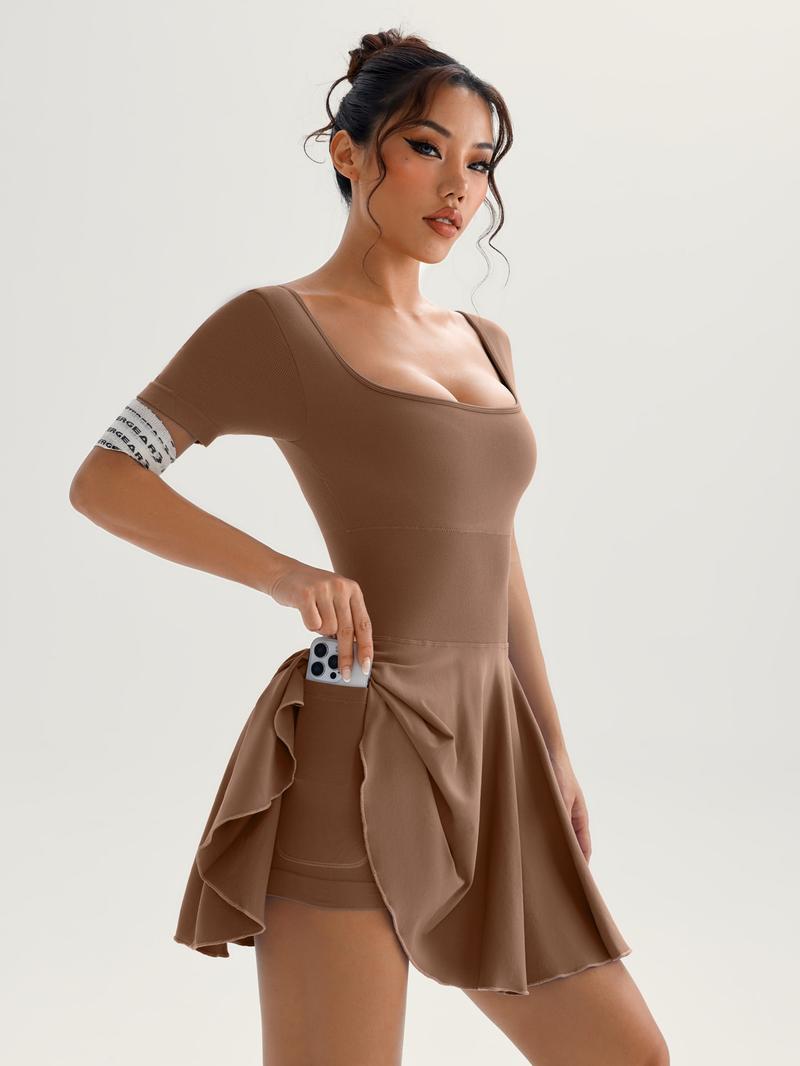 Women's Solid Square Neck Sports Dress Athletic Tennis Dress Inner Pocket, Casual Sporty Short Sleeve Skorts Dress for Daily Outdoor Sport, Ladies Sportswear for All Seasons, Womenswear