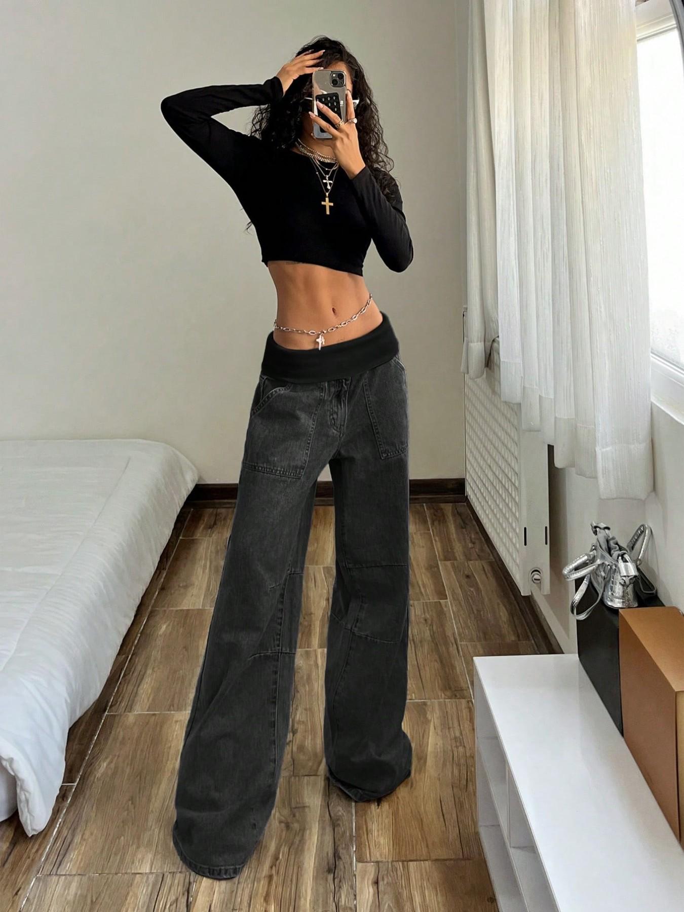 Women's Elastic Waist Oversize Loose Jeans, Four-Season Street Style Wide Leg Pants with Pockets, Casual Y2K Fashion for Outdoor Wear Bottoms, Streetwear