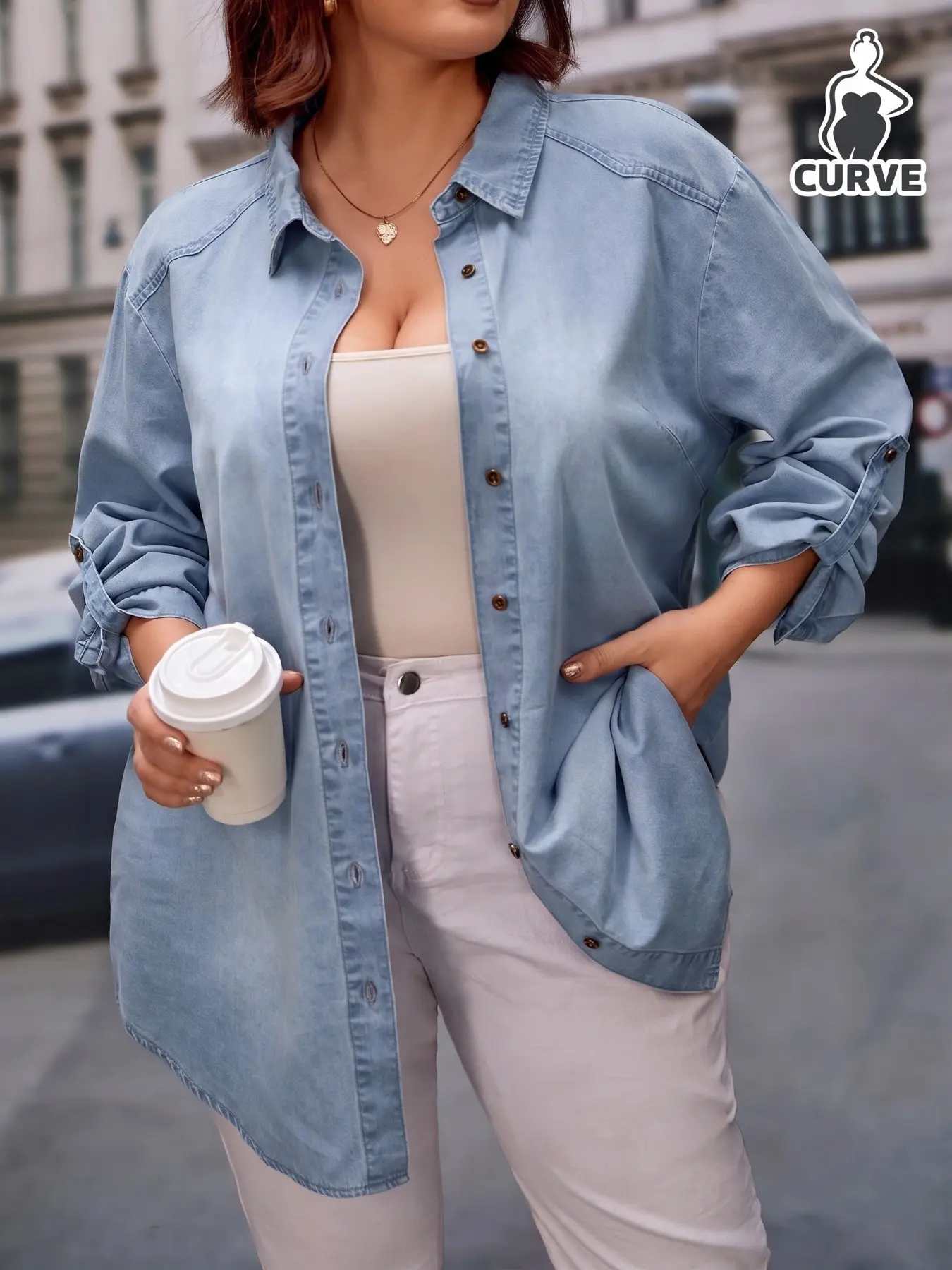 Plus Size Roll Collar Denim Shirt, Lightweight Soft Washed Jeans Jacket, Loose-Fit Long Sleeve, Casual All Seasons Outerwear