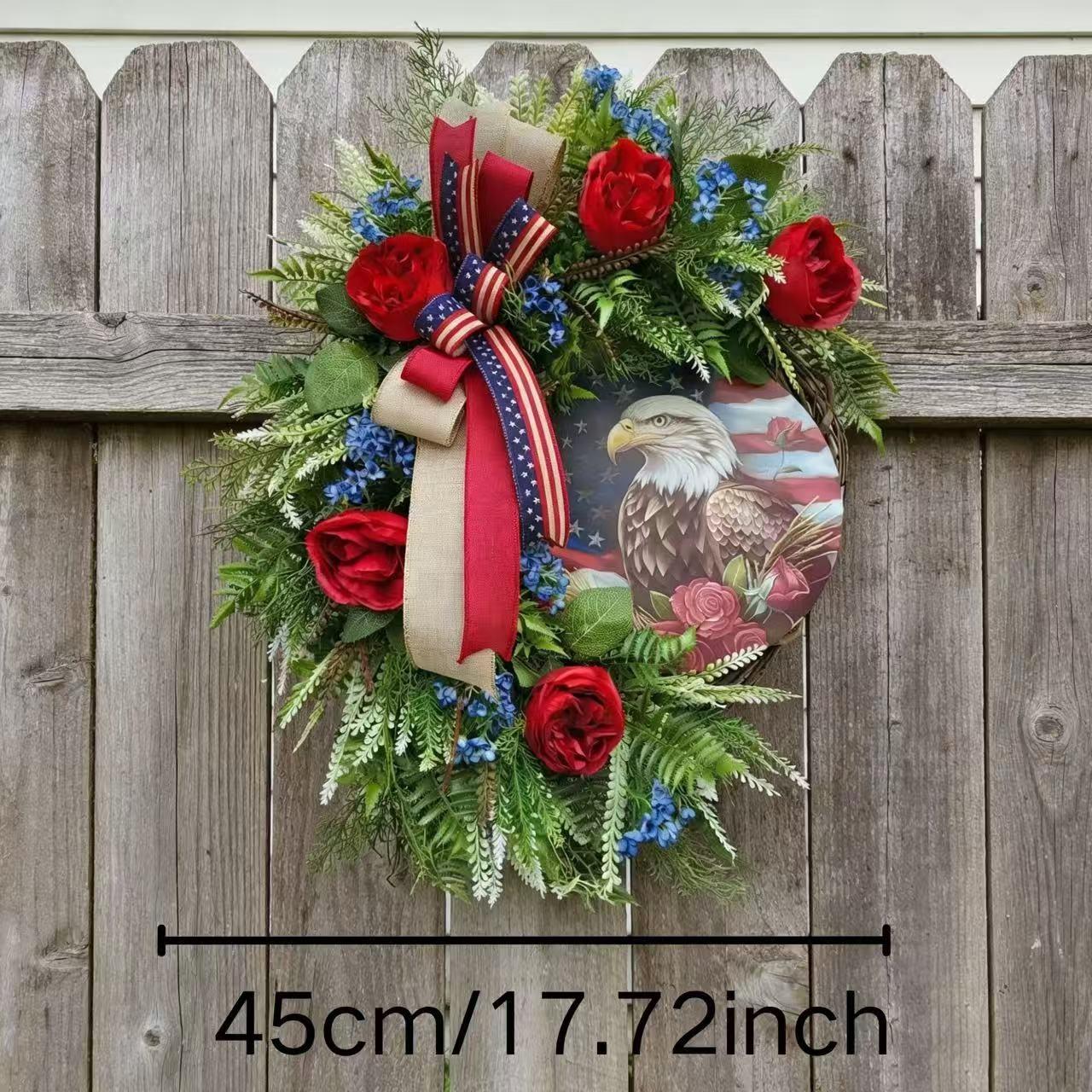 Patriotic Bald Eagle Wreath, Independence Day Memorial Decoration, Rose American Flag Wreath, Rustic Door Hanging, Indoor Outdoor Decor