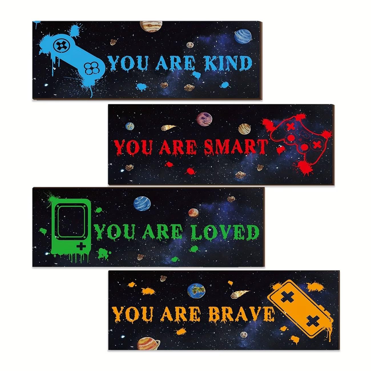 2D Flat 4-Piece Game Decor Set Wooden Wall Art Decoration for Boys, Gaming-Themed Inspirational, Controller and Gamepad Hanging Signs for Kids Rooms