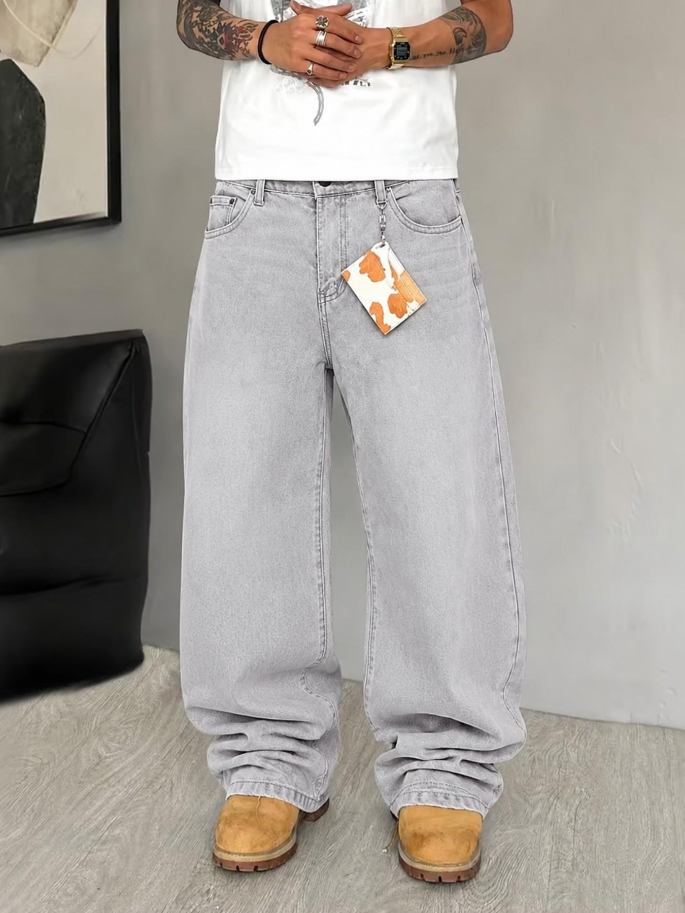 Men’s Light Gray Washed Jacquard Jeans, Loose Straight Leg Relaxed Fit Denim Pants for Casual Y2K Streetwear