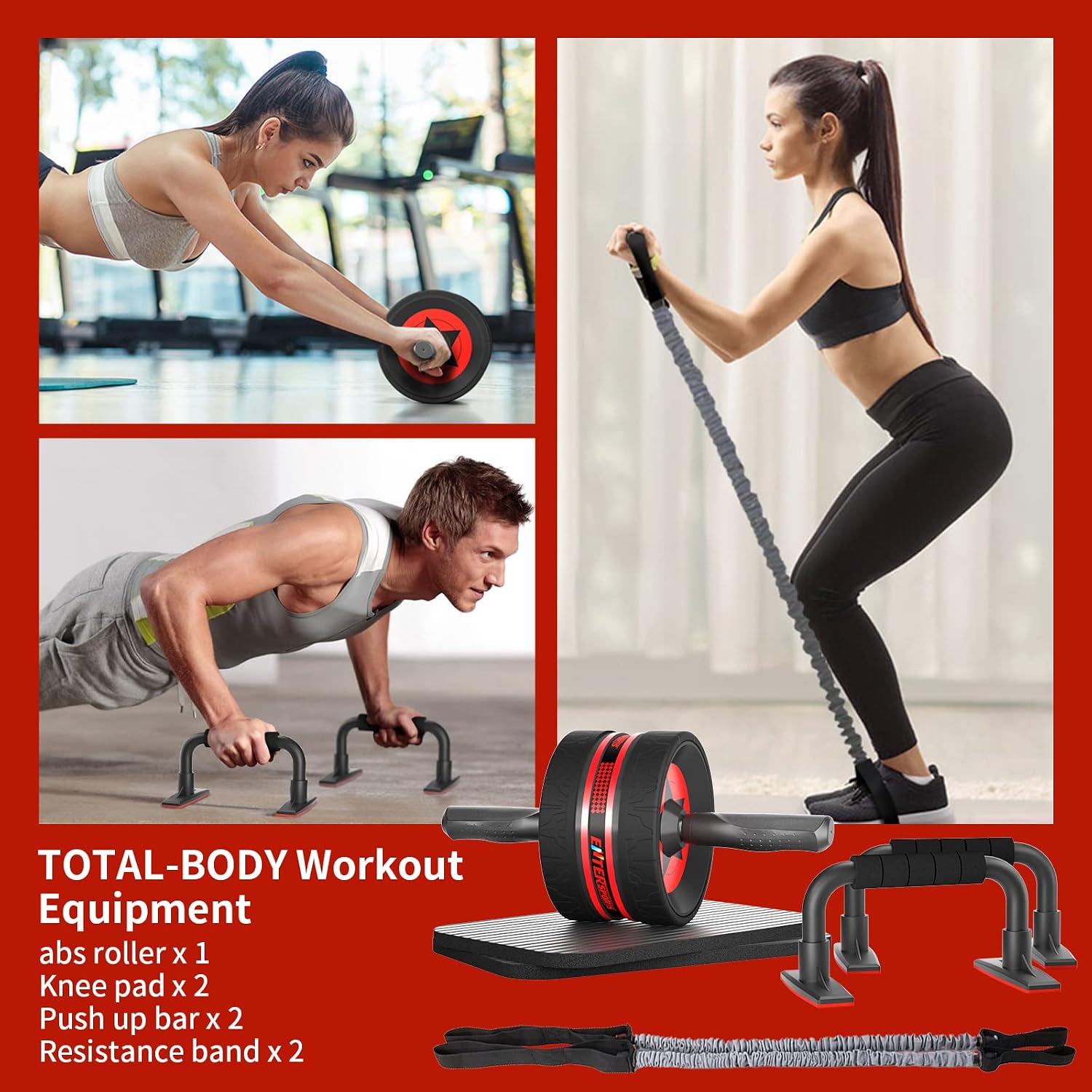 AB Wheel Roller, 6-in-1 Exercise Roller Wheel Kit with Knee Pad, Resistance Bands, Pad Push Up Bars Handles Grips, Perfect Home Gym Equipment for Men Women Abdominal Roller (Red)