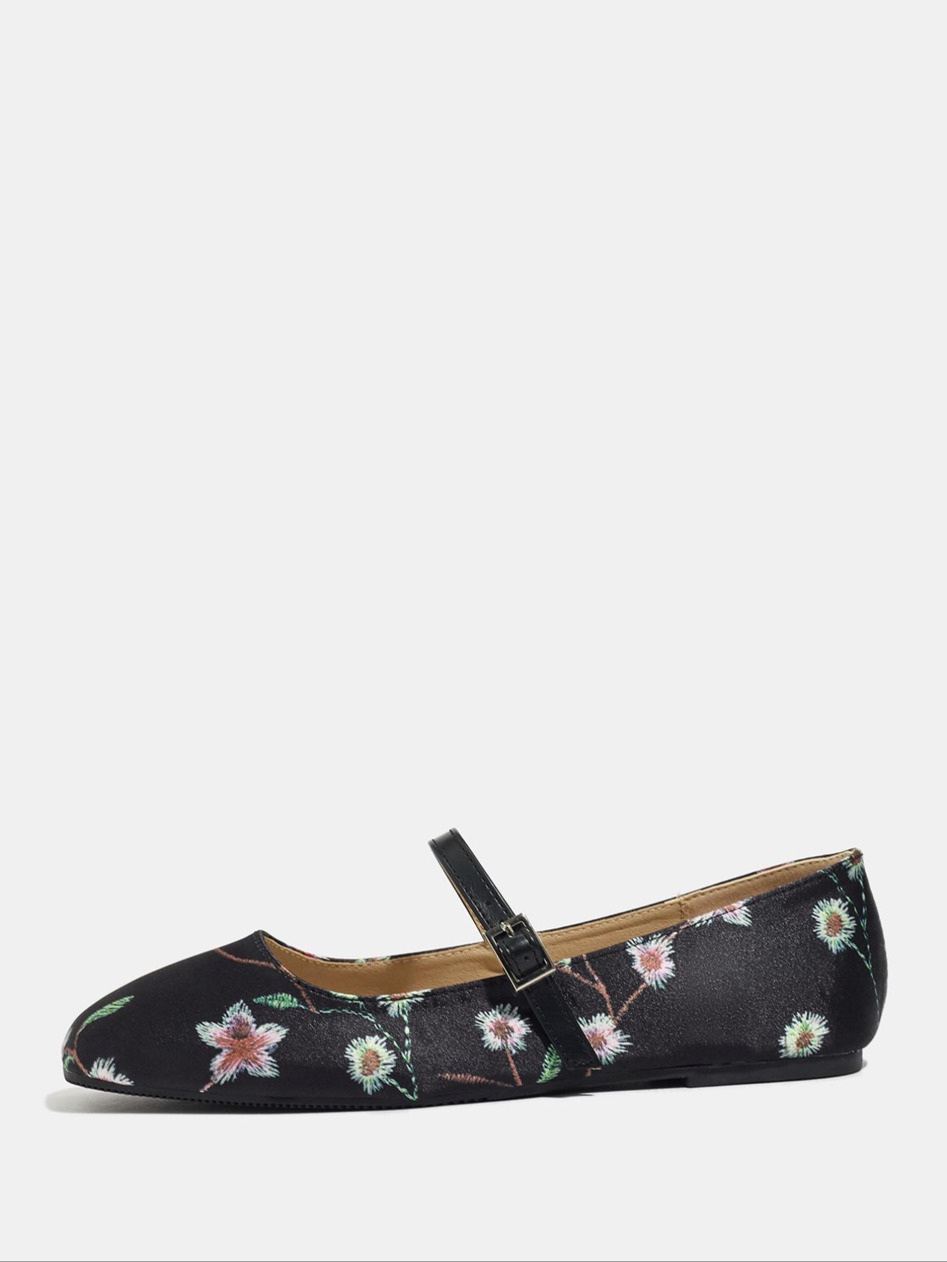 Women's Square Toe Mary Jane Shoes, Casual PU Leather Flats with Floral Pattern, Soft Sole Rubber Bottom, All Season Fashion Footwear