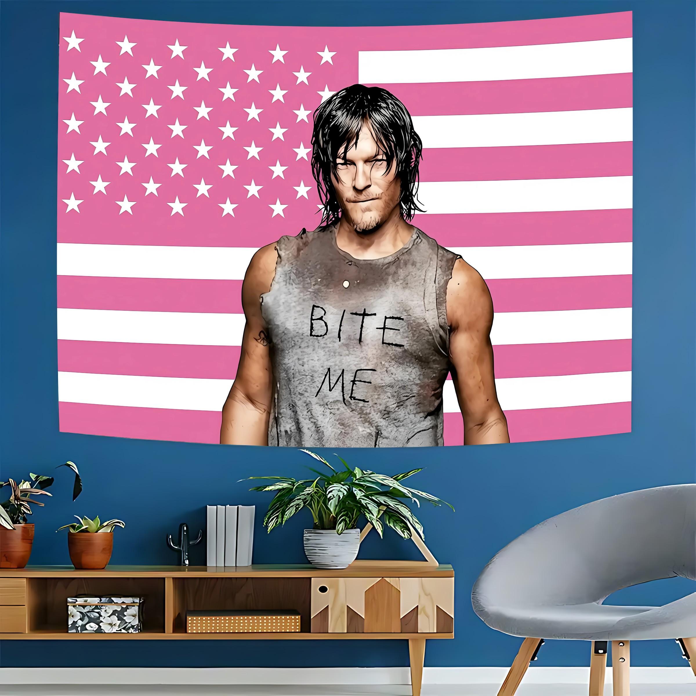 Daryl Dixon 'bite Me' American Flag Tapestry, the Walking Dead Themed Wall Hanging, Bedroom & Man Cave Decor, Zombie Show Backdrop